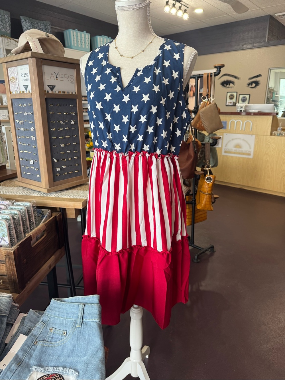 Sleeveless American Flag Maxi Dress in Blue, White & Red